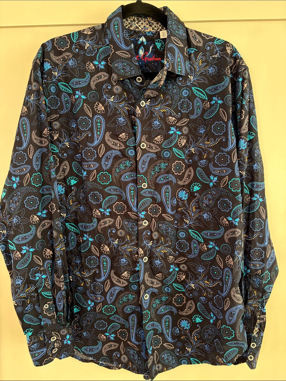 Robert Graham Men's Navy Paisley Button-Down Shirt with Teal and Purpke Accents